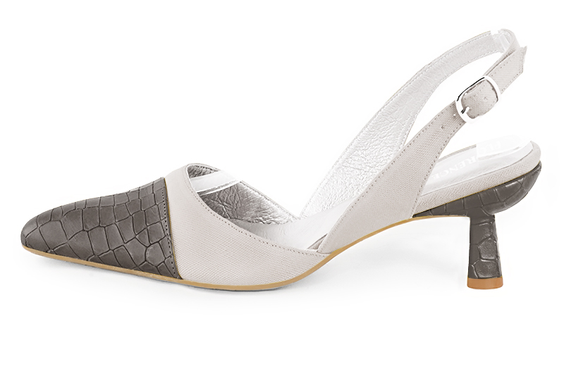 Ash grey women's slingback shoes. Tapered toe. Medium spool heels. Profile view - Florence KOOIJMAN